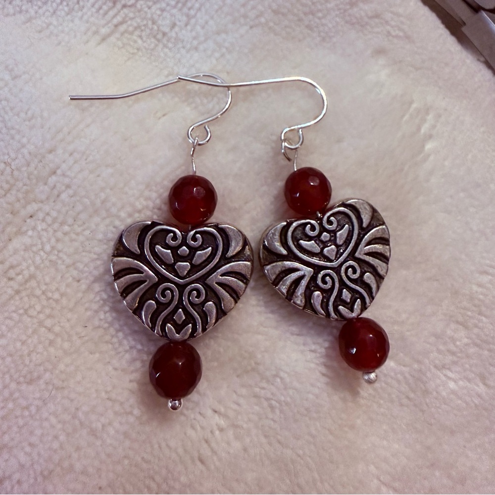Silver tone Heart Earrings with Red Accents